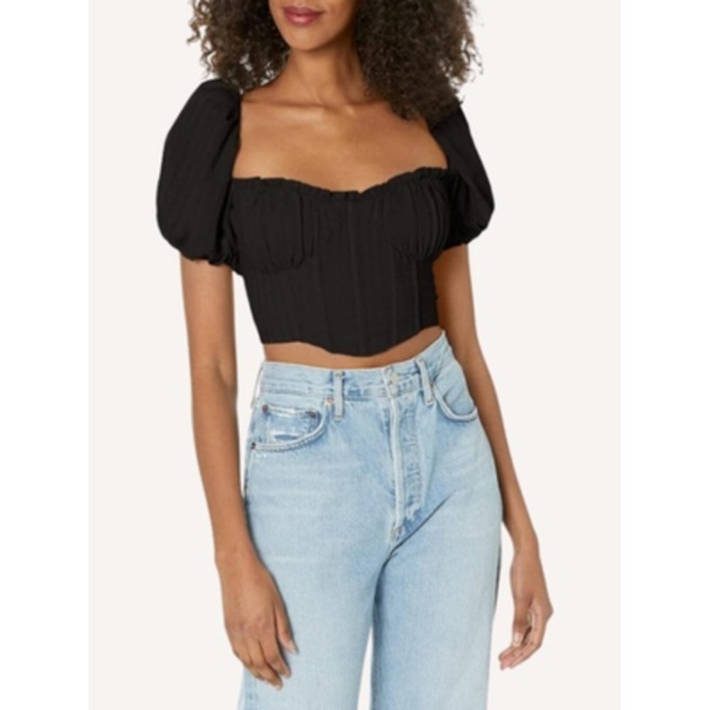 ASTR THE LABEL Black Puff Sleeve Corset Crop Top Small